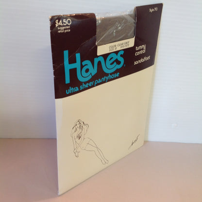 Vintage NOS 1985 Hanes Ultra Sheer Pantyhose Tummy Control Sandalfoot Clear Grey Size B