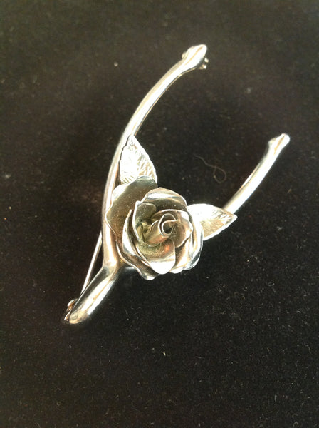 Vintage Silvertone Brooch Blooming Rose and Leaf Wishbone Setting