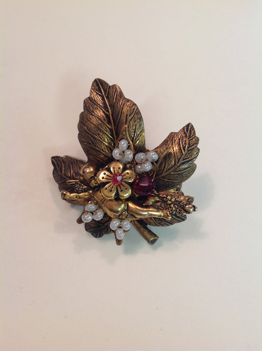 Vintage Goldtone Rhinestone Oak Leaf Flower Seed Nesting Cherub Brass Effect Brooch Pin