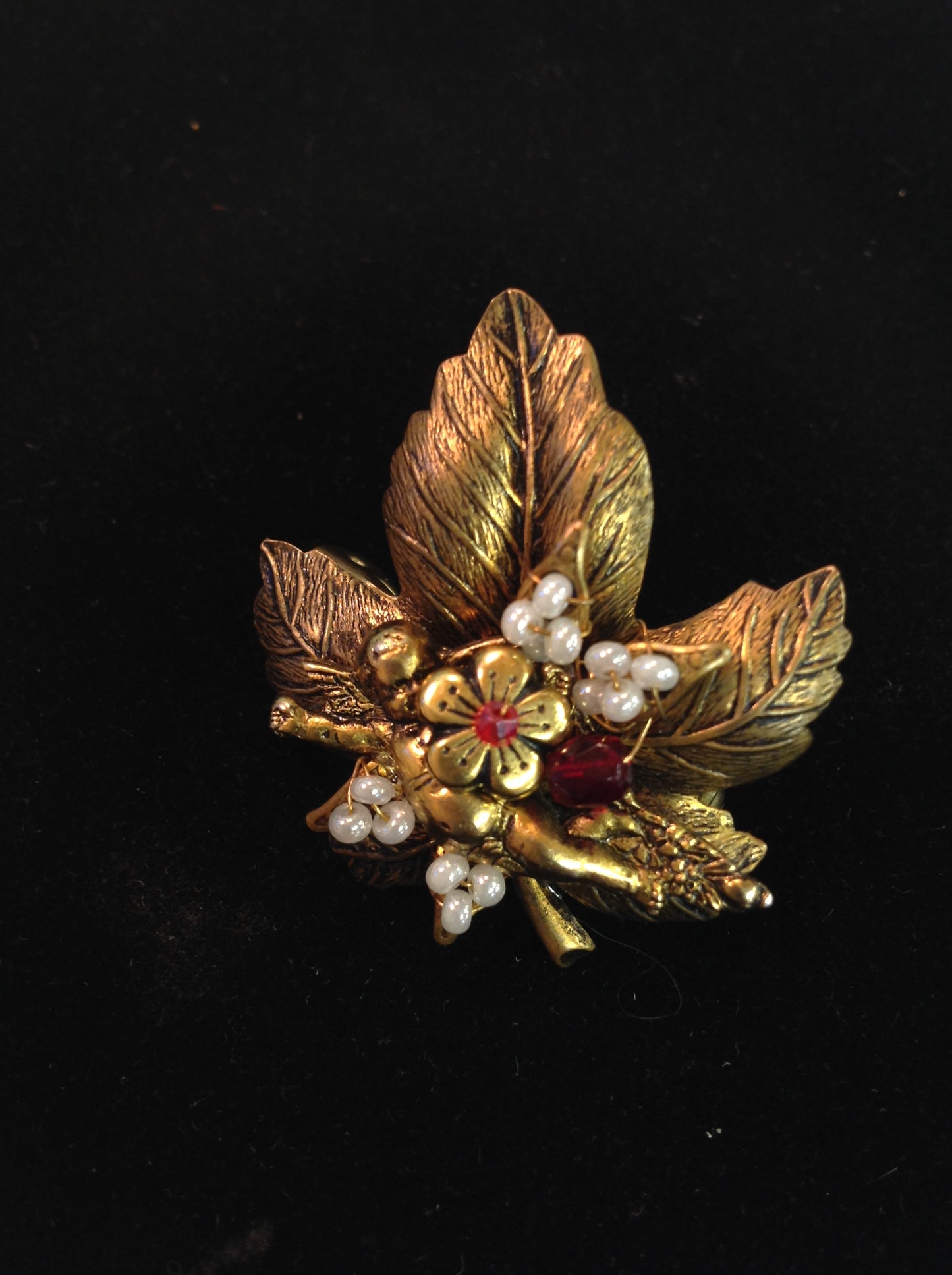 Vintage Goldtone Rhinestone Oak Leaf Flower Seed Nesting Cherub Brass Effect Brooch Pin