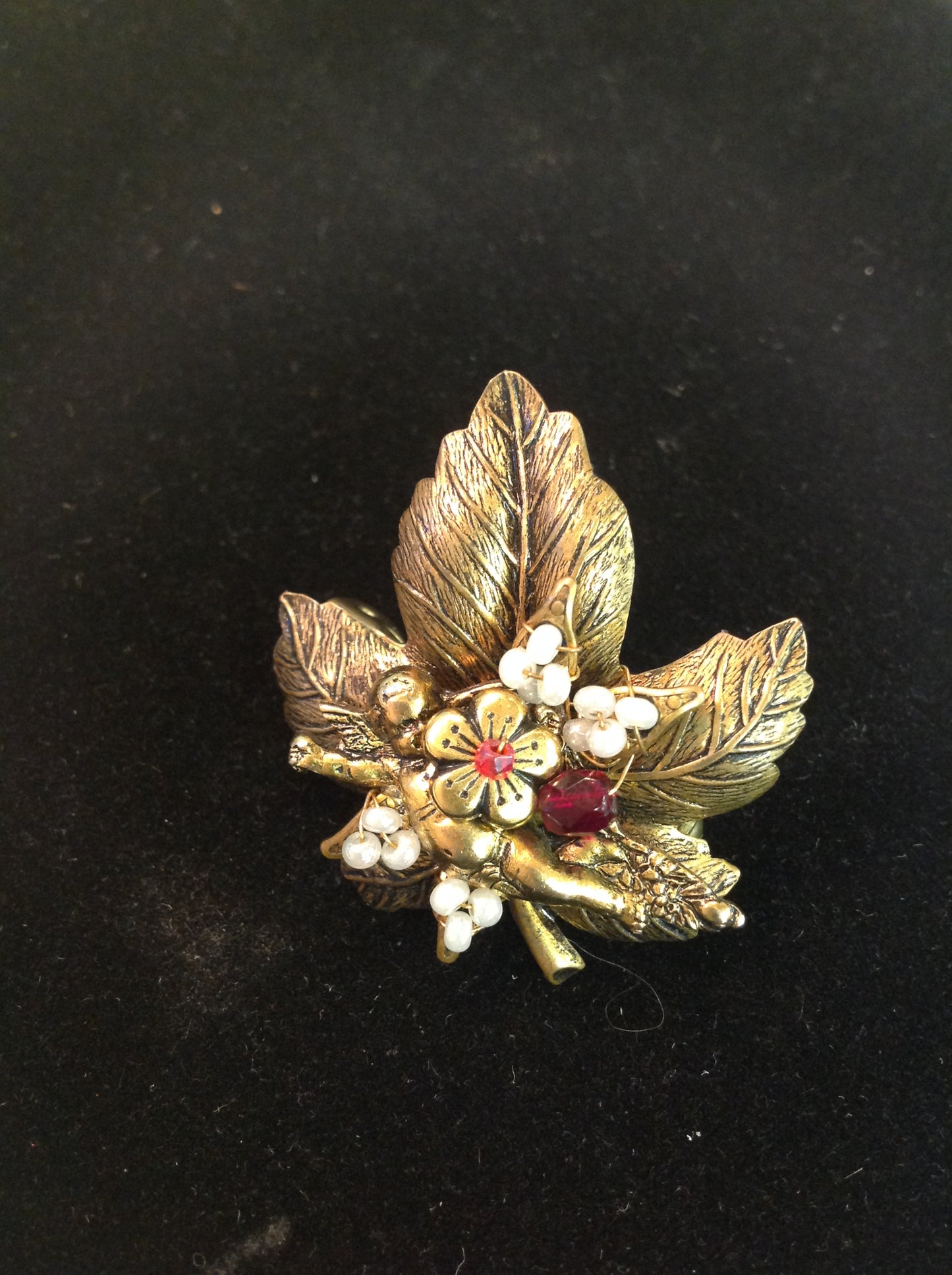 Vintage Goldtone Rhinestone Oak Leaf Flower Seed Nesting Cherub Brass Effect Brooch Pin