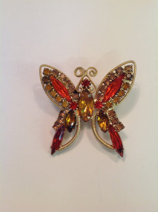 Vintage Brooch Pin Goldtone Rhinestone Steampunk Volcanic Butterfly