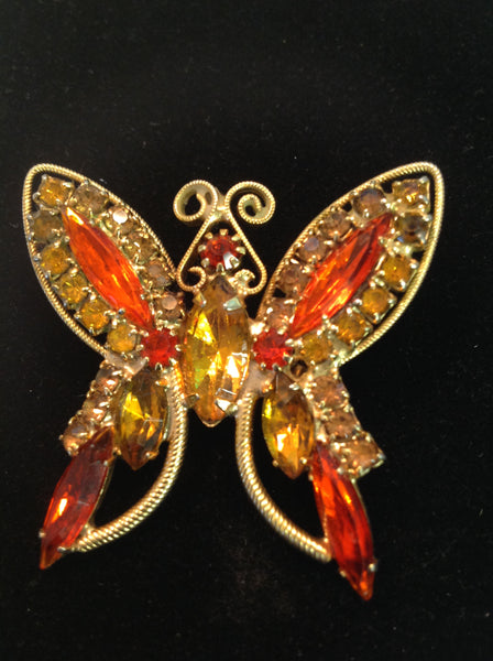 Vintage Brooch Pin Goldtone Rhinestone Steampunk Volcanic Butterfly