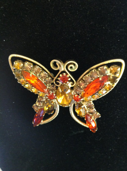 Vintage Brooch Pin Goldtone Rhinestone Steampunk Volcanic Butterfly