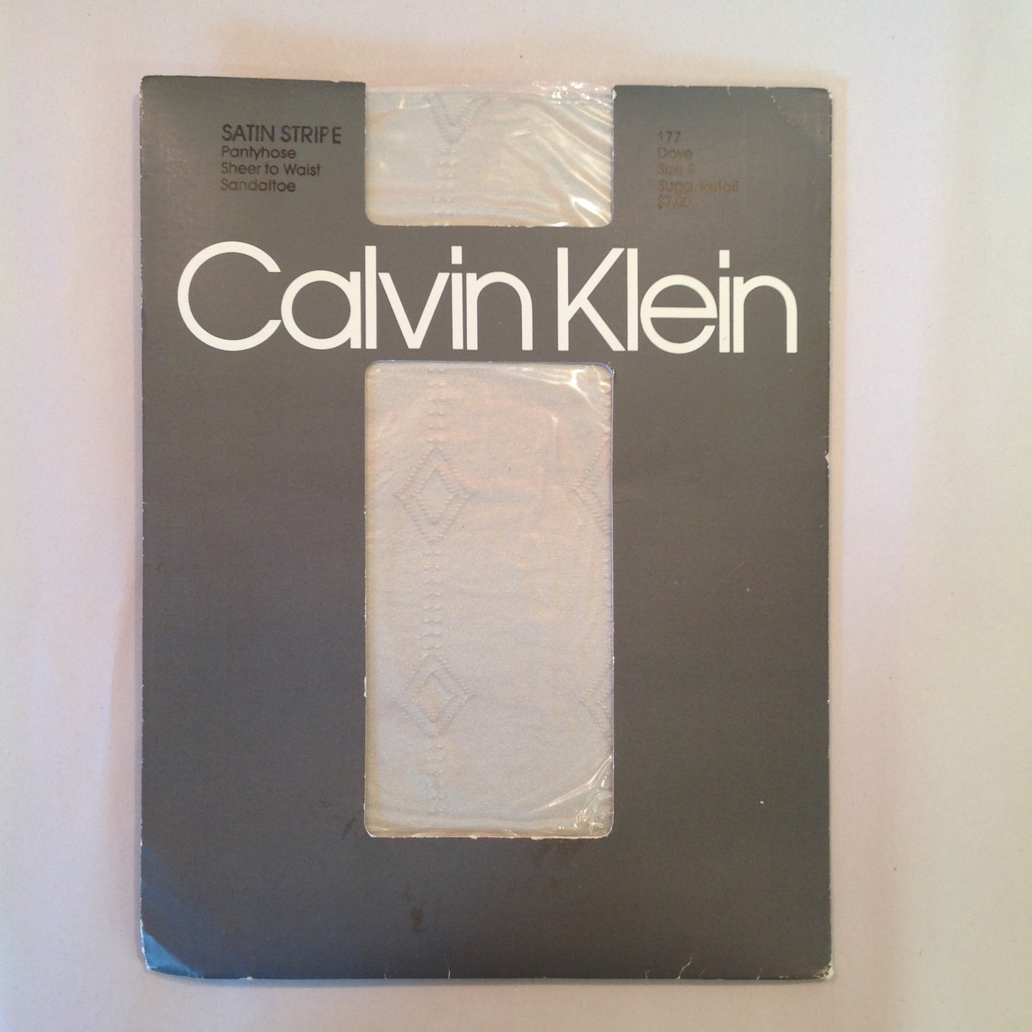 Vintage 1985 Calvin Klein Satin Stripe Pantyhose Sheer to Waist Sandaltoe Size B Dove 177