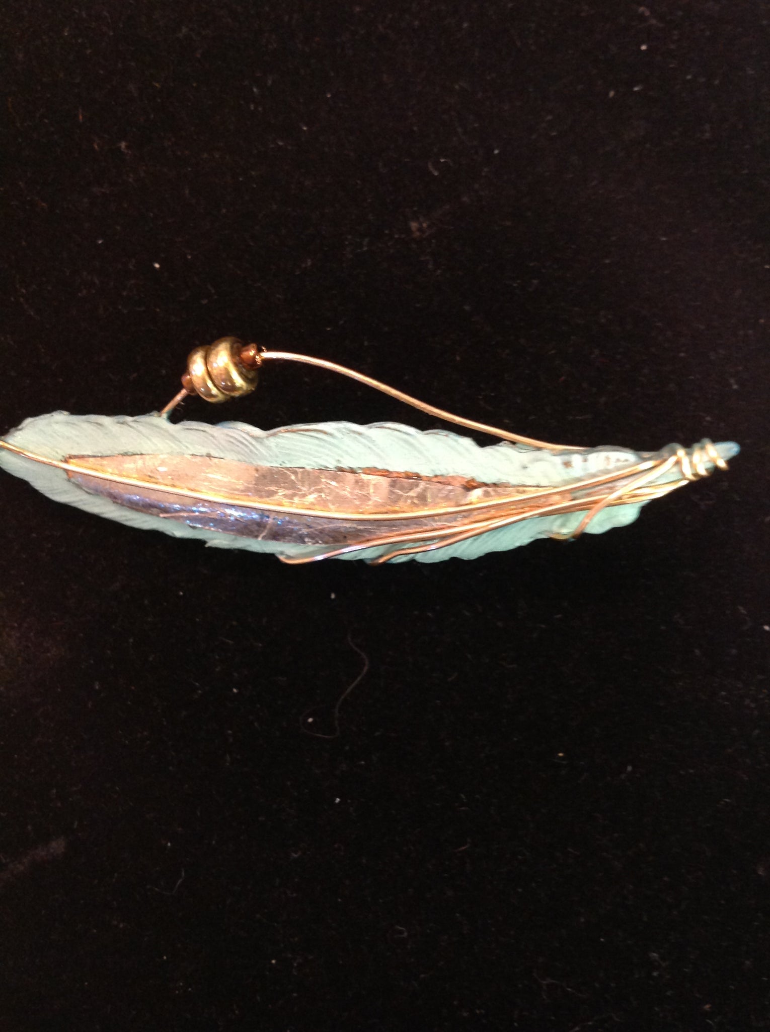 Vintage Brooch Pin Blue-Green Resin Feather Goldtone Southwest Beading