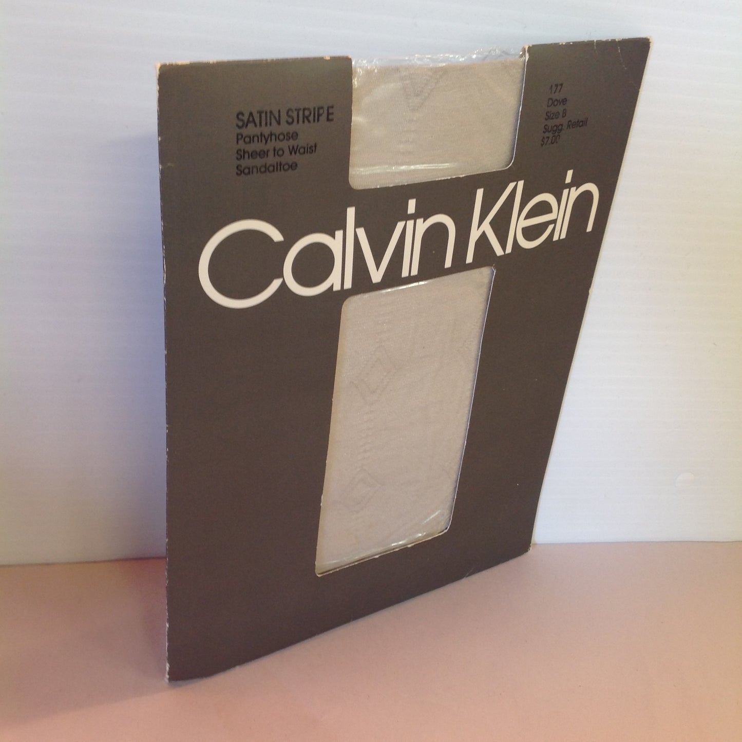 Vintage 1985 Calvin Klein Satin Stripe Pantyhose Sheer to Waist Sandaltoe Size B Dove 177