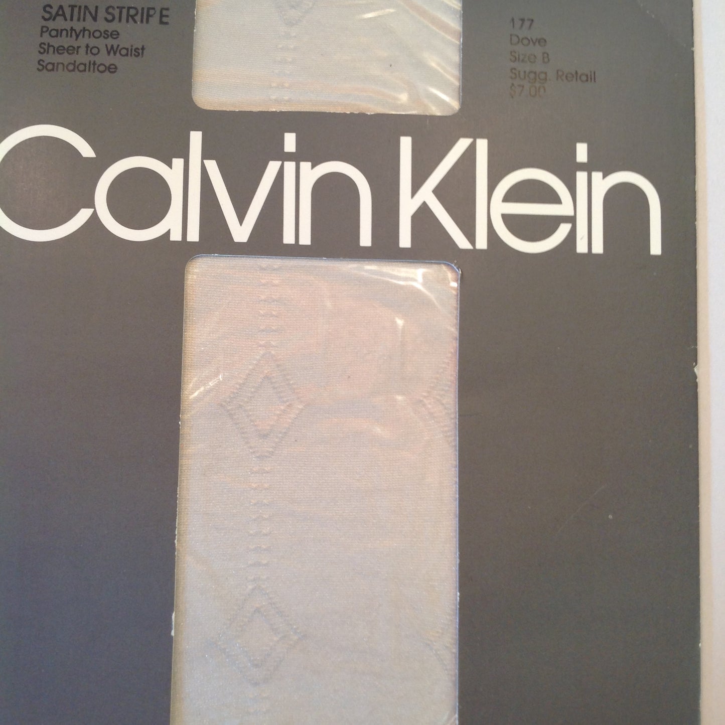 Vintage 1985 Calvin Klein Satin Stripe Pantyhose Sheer to Waist Sandaltoe Size B Dove 177