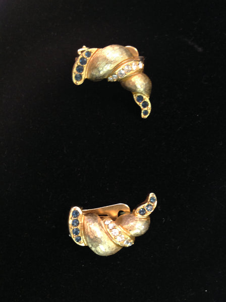 Vintage Hobe Clip-On Earrings Goldtone Blue Clear Rhinestones Diamond Croissant Style Cool