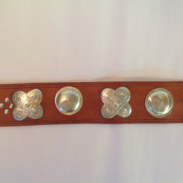 Vintage Tan Women's Oversize Belt Convex Metal Buckle Western Style Cloverleaf Circle Studs 38