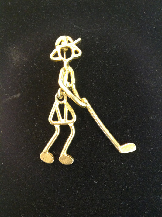 Vintage Goldtone Comic Lady Golfer MCM Stick Figure Brooch Pin Jointed Golf Swing