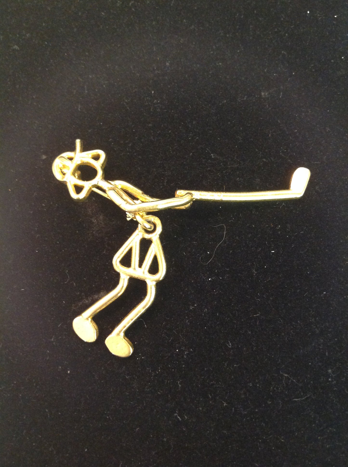 Vintage Goldtone Comic Lady Golfer MCM Stick Figure Brooch Pin Jointed Golf Swing