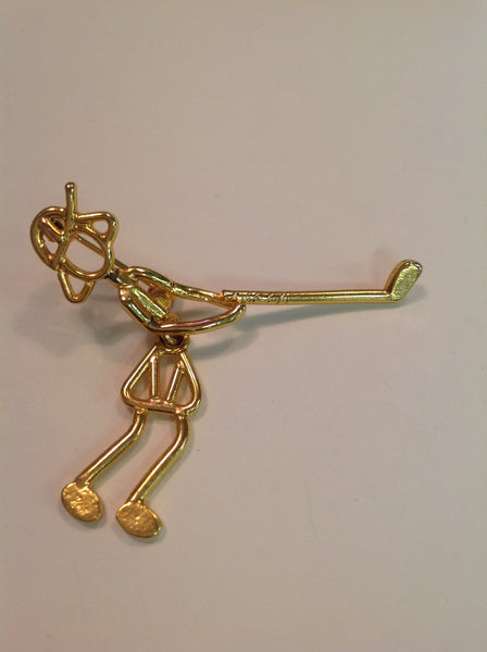 Vintage Goldtone Comic Lady Golfer MCM Stick Figure Brooch Pin Jointed Golf Swing