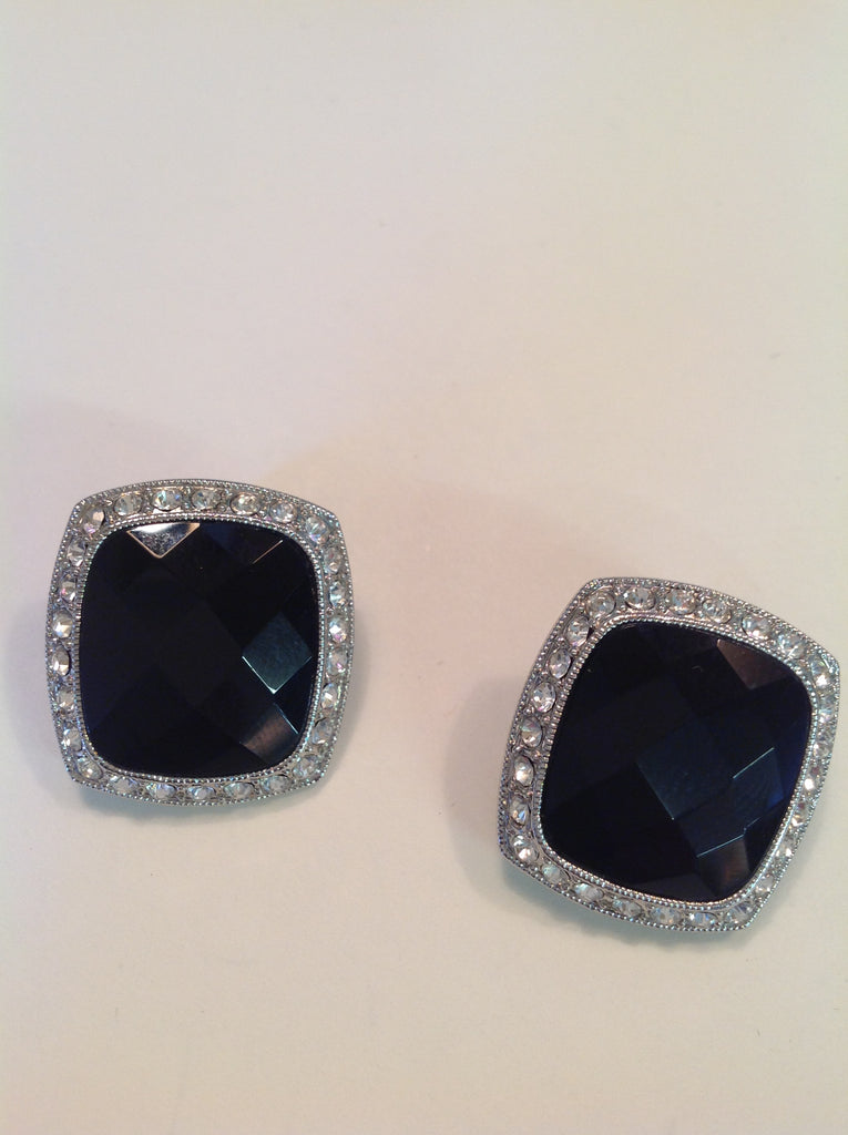 Vintage Silvertone Black Plastic ClipOn Earrings Faux Crystal Elegant