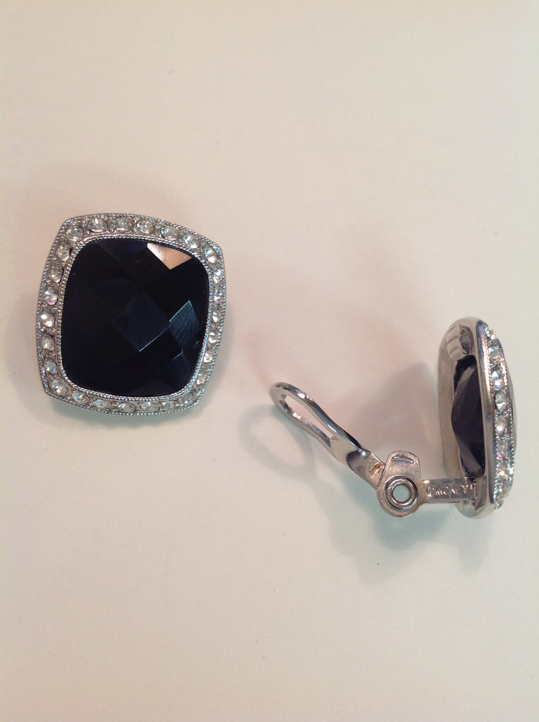 Vintage Silvertone Black Plastic ClipOn Earrings Faux Crystal Elegant