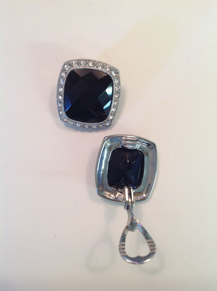 Vintage Silvertone Black Plastic Clip-On Earrings Faux Crystal Elegant Style