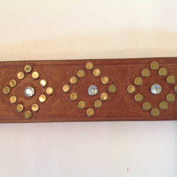 Vintage Women's XL Tan New York & Company Bonded Leather Belt with Rhinestone and Brass Stud Accents 39
