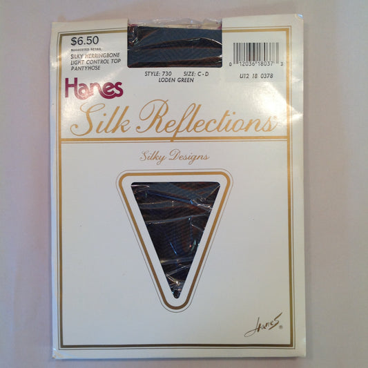 Vintage NOS Hanes Silk Reflections Silky Designs Silky Herringbone Light Control Top Panythose Size C-D Loden Green Style 730