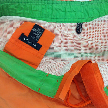 Vintage Nautica Men's Large Nylon Polyester Bathing Suit Swim Trunks Board Shorts Orange Neon Green Navy Blue Blocks