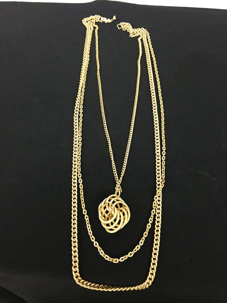 Vintage All Goldtone Pendant Necklace Multi Chains Retro Made In Germany
