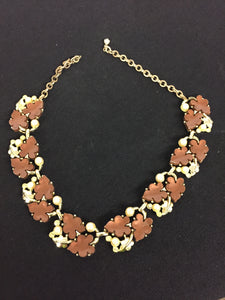 Beautiful Vintage Goldtone Brown Thermoplastic Leaves Rhinestone Pearl Collar Necklace