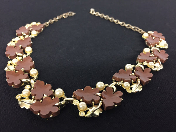 Beautiful Vintage Goldtone Brown Thermoplastic Leaves Rhinestone Pearl Collar Necklace