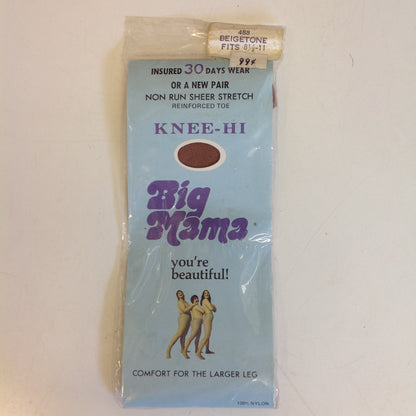 Vintage NOS 1960's BIG MAMA 100% Nylon Non Run Sheer Stretch Reinforced Toe Knee-Hi 488 Beigetone 8 1/2-11