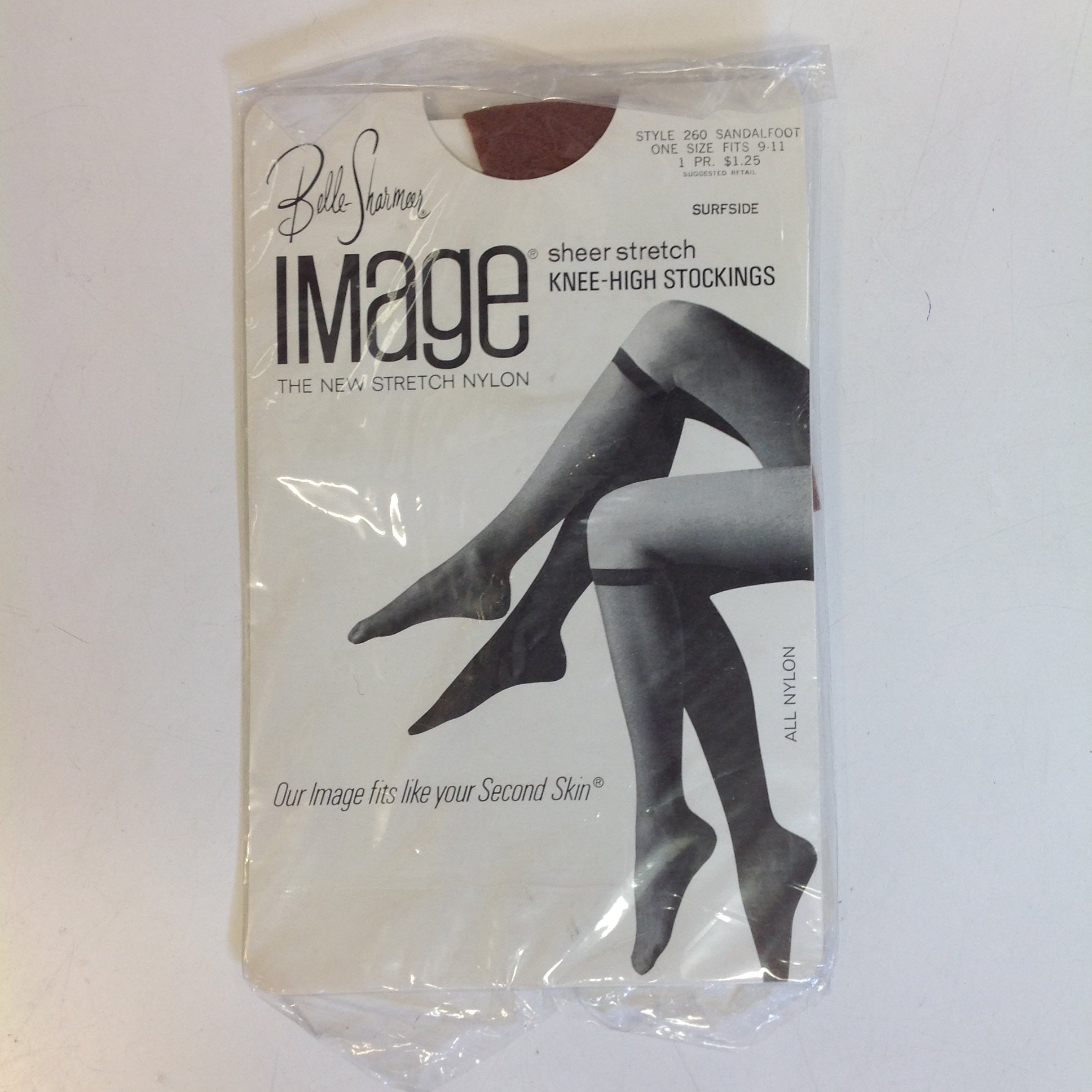 Vintage NOS All Nylon Belle-Sharmeer Image Sheer Stretch Knee-High Stockings Style 260 Sandalfoot Surfside Size 9-11