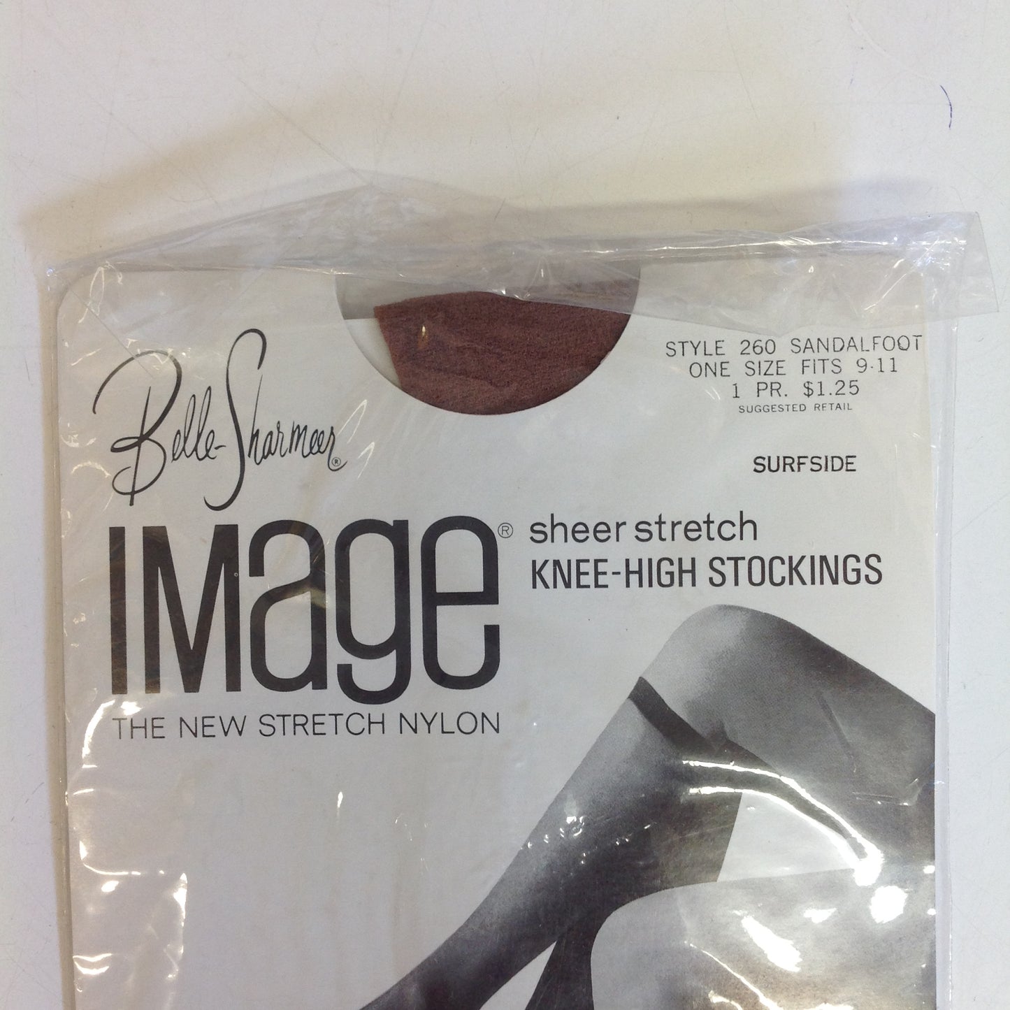 Vintage NOS All Nylon Belle-Sharmeer Image Sheer Stretch Knee-High Stockings Style 260 Sandalfoot Surfside Size 9-11