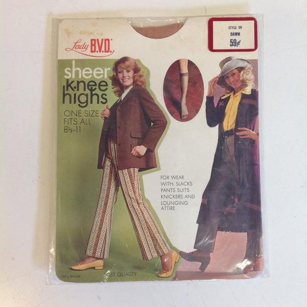 Vintage 1970's NOS Lady B.V.D. Sheer Knee Highs Nylon One Size Fits 8 1/2-11 Style 59 Dawn