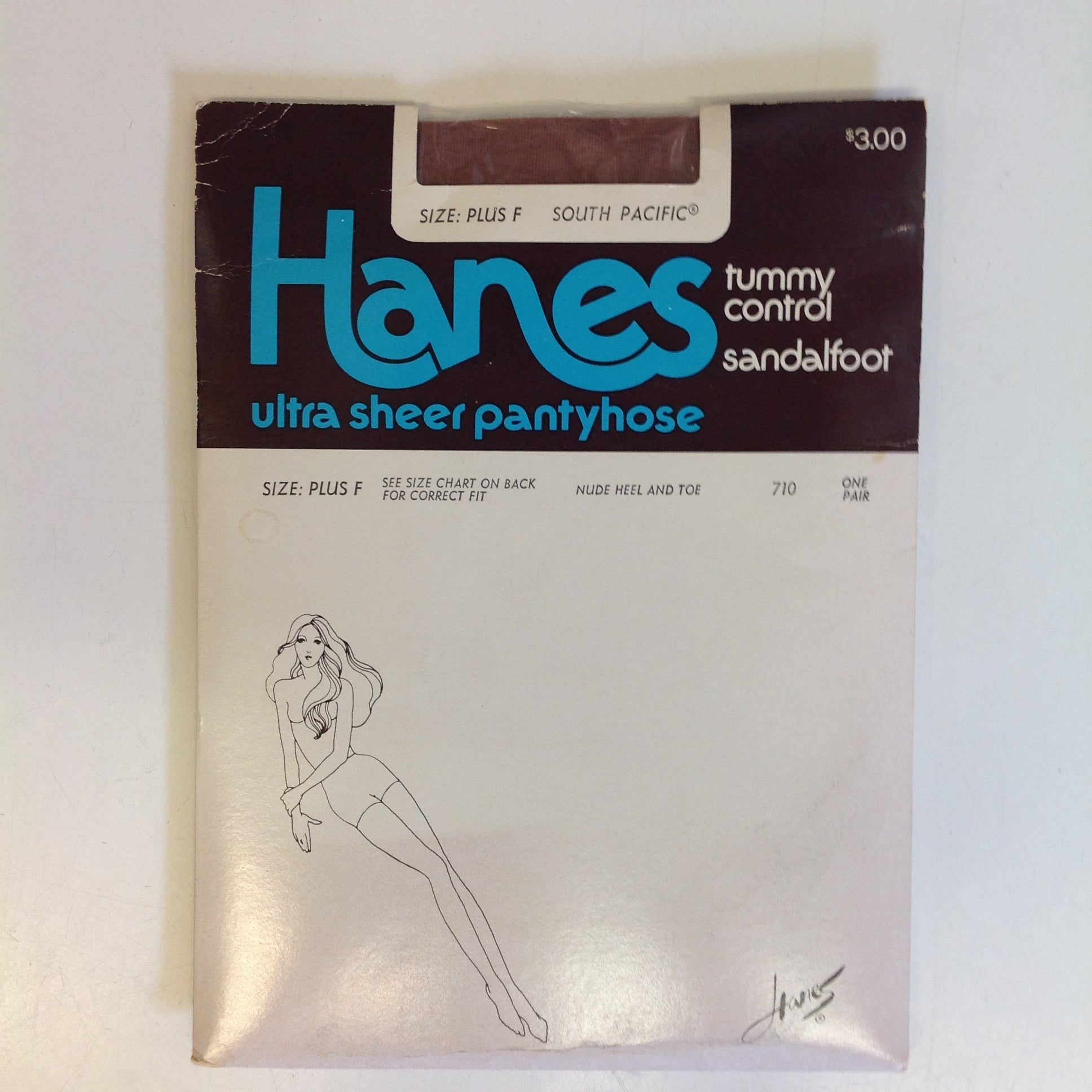 Vintage 1970's NOS Hanes Tummy Control Sandalfoot Ultra Sheer Pantyhose Plus F South Pacific Nude Heel and Toe
