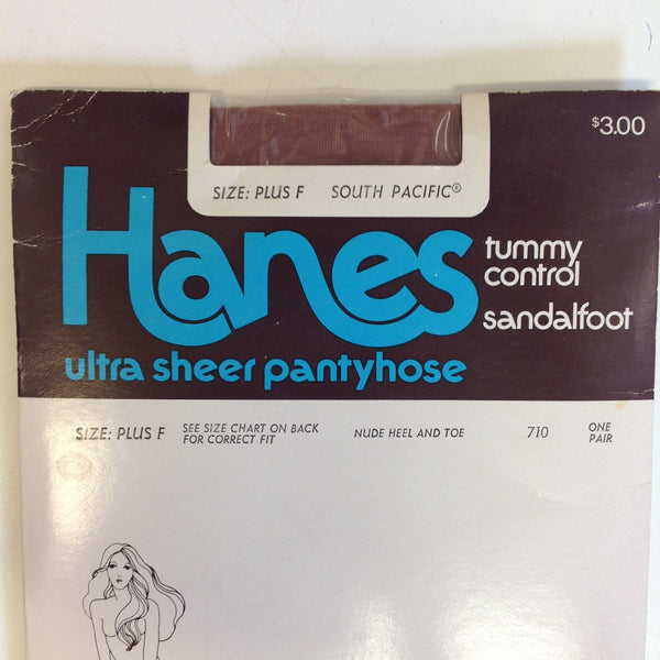 Vintage 1970's NOS Hanes Tummy Control Sandalfoot Ultra Sheer Pantyhose Plus F South Pacific Nude Heel and Toe