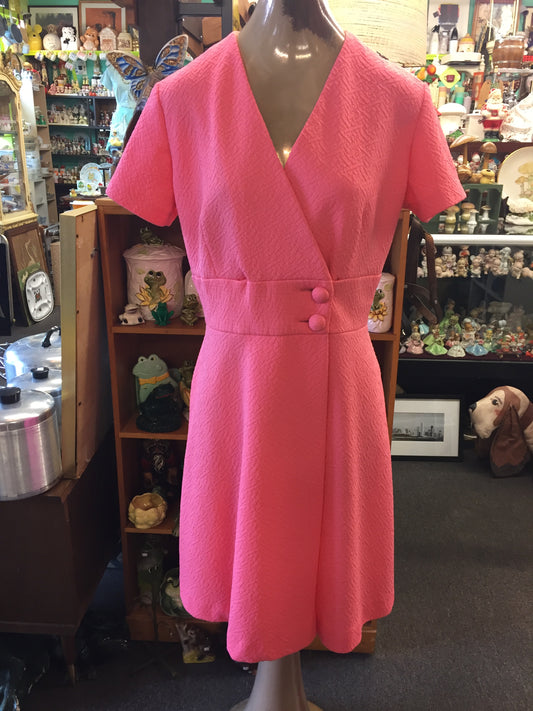 Vintage 1960's 1970's Bright Pink Mini Dress Double Button Waist