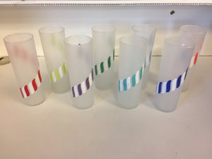 Vintage Frosted Colorful Stripe Drinking Glasses Set 8 Tall High Ball