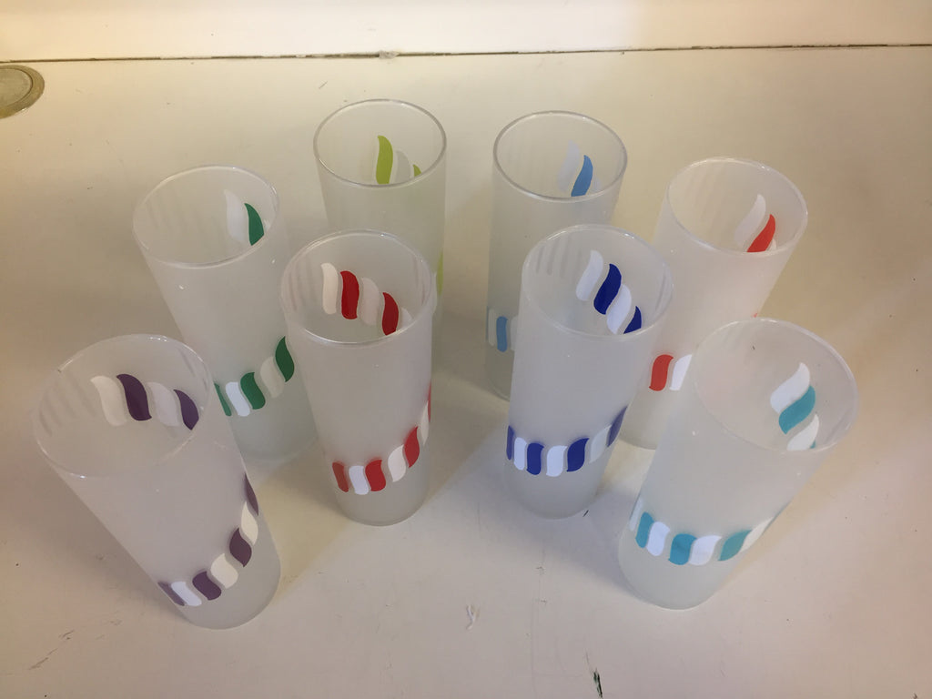 Vintage Frosted Colorful Stripe Drinking Glasses Set 8 Tall High Ball –  Time Warp, LLC