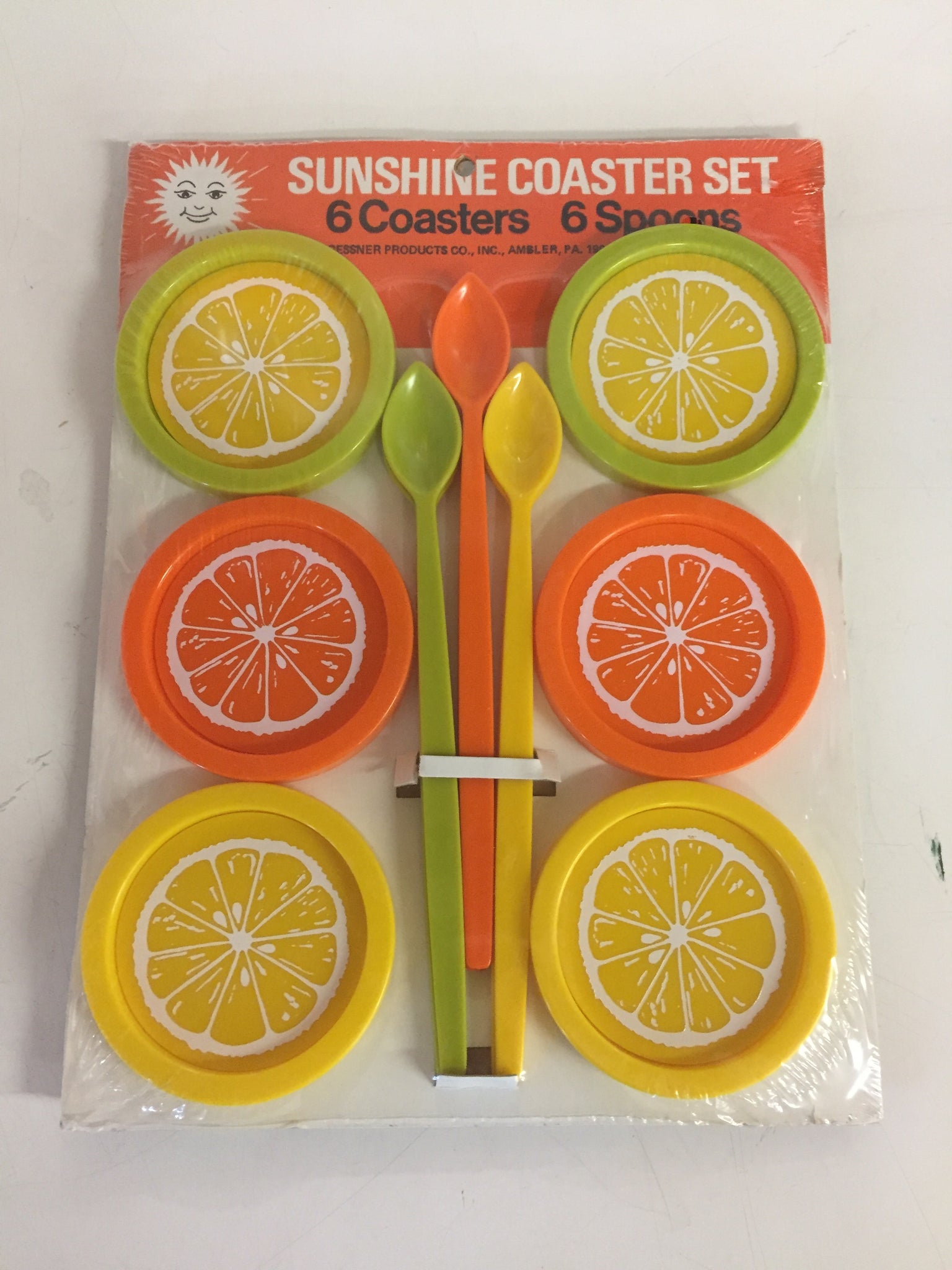 Vintage Sunshine Coaster Set NOS Unused 6 coasters 6 spoons Oranges