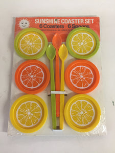 Vintage Sunshine Coaster Set NOS Unused 6 coasters 6 spoons Oranges