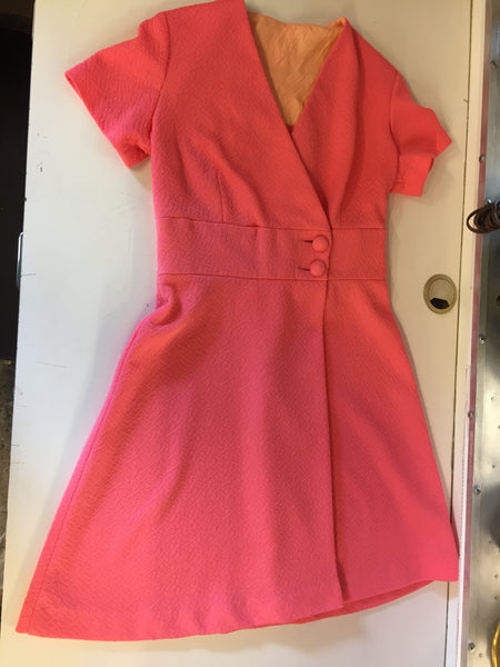Vintage 1960's 1970's Bright Pink Mini Dress Double Button Waist