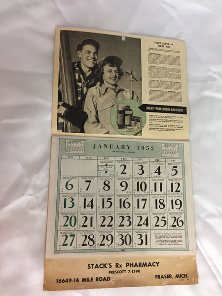 Vintage 1952 Stack's Rx Pharmacy Advertising Calendar First Aid & Good Health