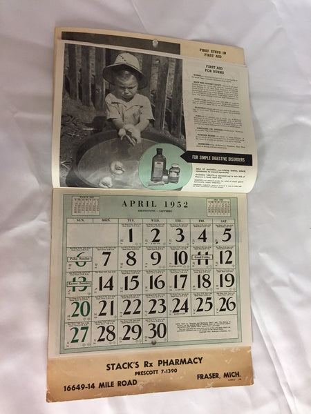 Vintage 1952 Stack's Rx Pharmacy Advertising Calendar First Aid & Good Health