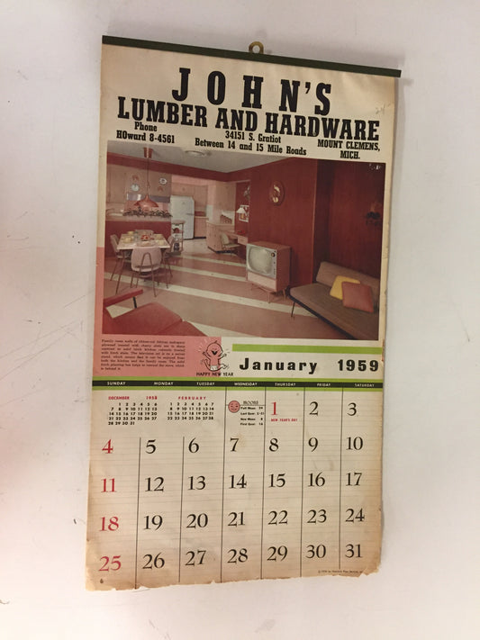 Vintage 1959 John's Lumber And Hardware Advertising Calendar Mount Clemens Michigan