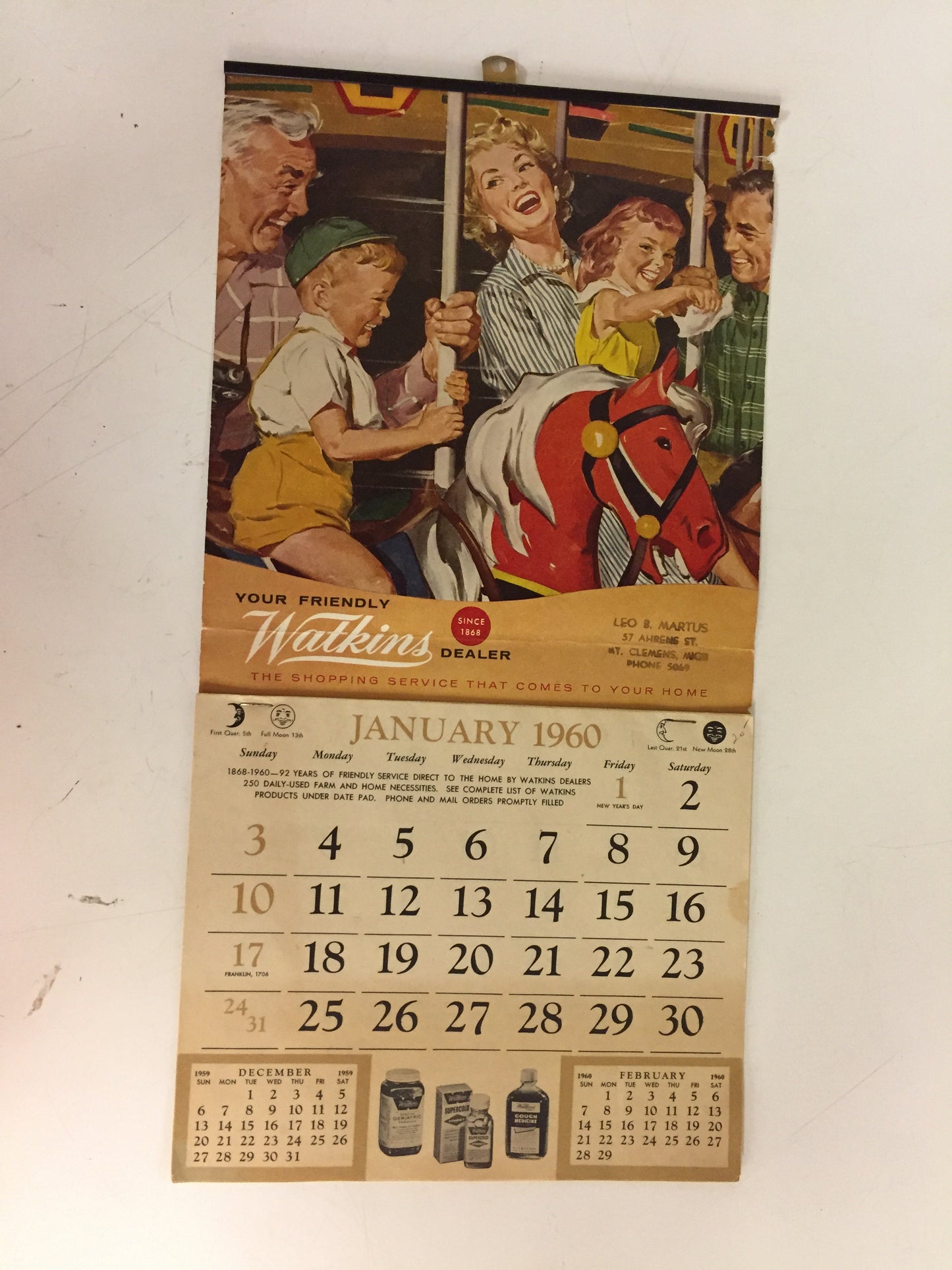 Vintage 1960 WATKINS Products Advertising Calendar Mt. Clemens Michigan.