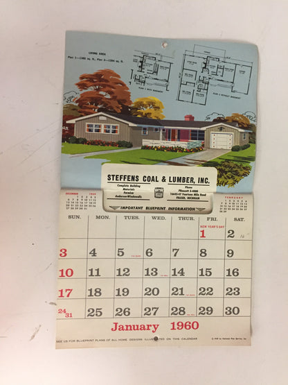 Vintage 1960 STEFFENS COAL & LUMBER CO. Advertising Calendar Home Designs Holiday