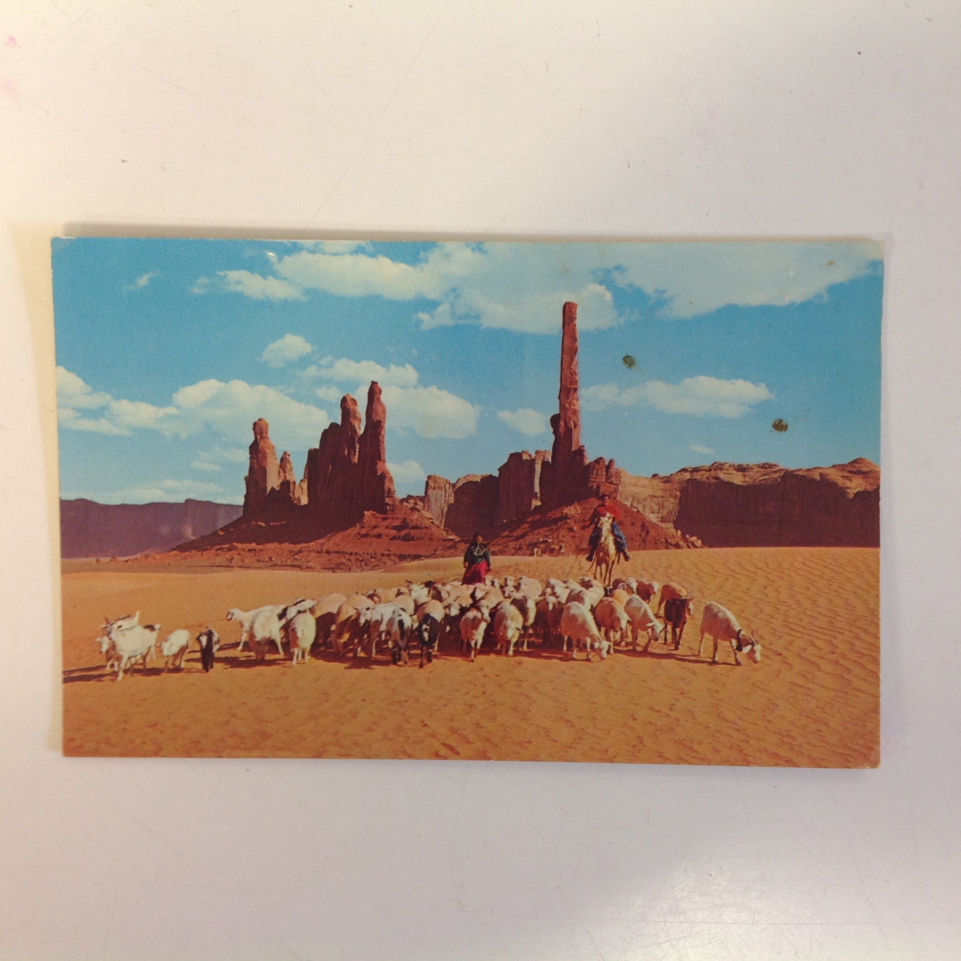 Vintage 1975 Color Postcard Yei Bichai Totem Pole Navajo Women Taking Their Sheep To Water In Beautiful Monument Valley Arizona