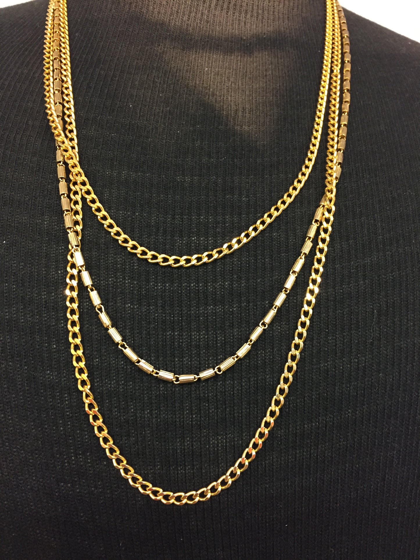 Vintage 1970's Designer Direction One Triple Chain Goldtone Necklace