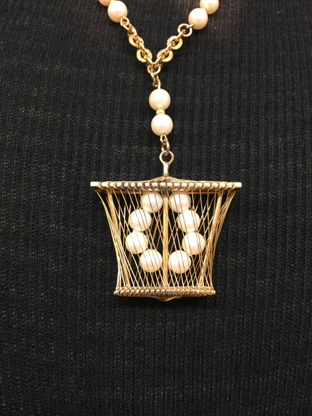 Vintage Goldtone Faux Pearl Caged Pendant Necklace Statement Piece