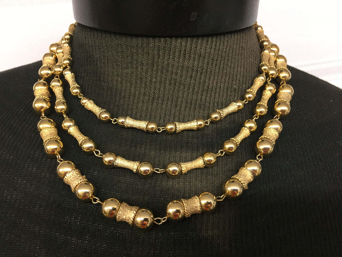 Vintage All Goldtone Beaded Triple Strand Necklace Holiday Statement