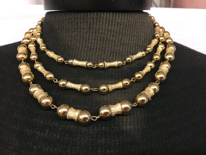 Vintage All Goldtone Beaded Triple Strand Necklace Holiday Statement