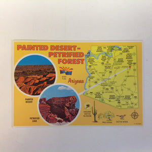 Vintage 1978 Petley Mini Print Souvenir Color Postcard State Map Petrified Logs Petrified Forest Painted Desert Bordering US 66 Arizona
