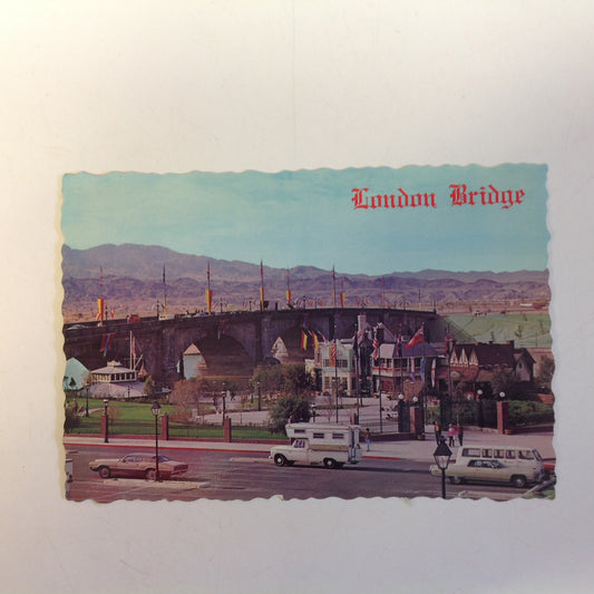 Vintage Petley Studios Souvenir Scalloped Edge Kolor View Color Postcard JV McLaughlin Photo Roadside View London Bridge and English Village Lake Havasu City Arizona